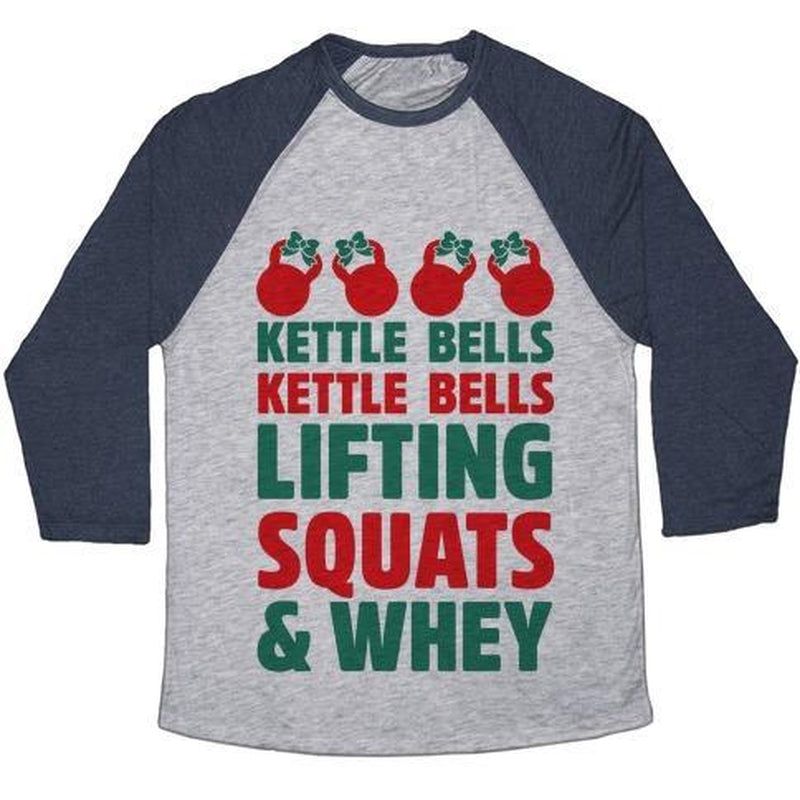 KETTLE BELLS KETTLE BELLS LIFTING SQUATS and WHEY UNISEX TRI-BLEND BASEBALL TEE